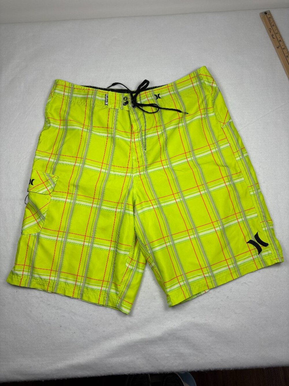 Hurley Plaid Board Shorts Neon Yellow Grey Orange Swim Trunks Cargo Pocket Sz 36